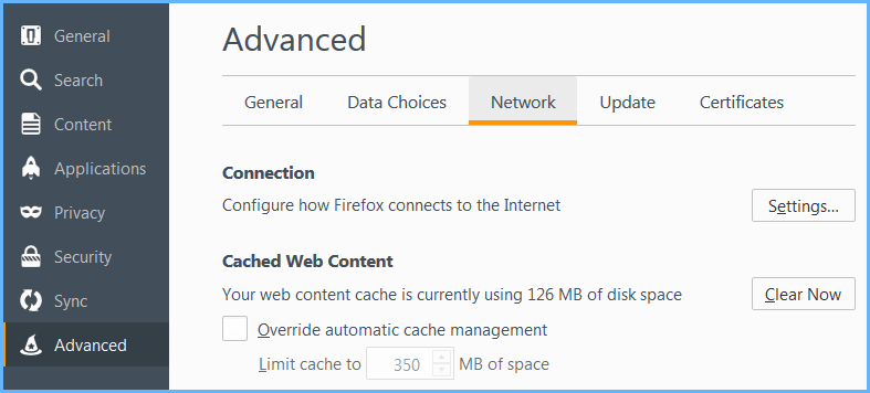 Advanced, Network Connection, Configure how Firefox connects to the internet, Settings