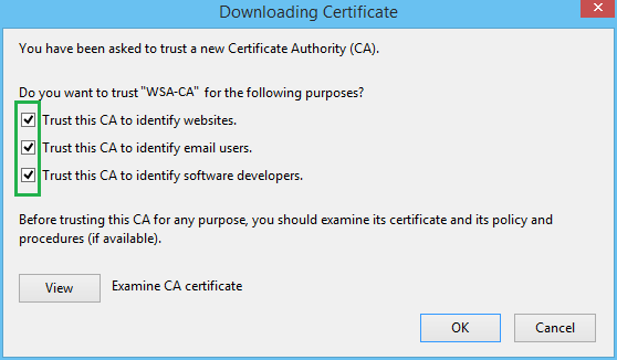 Downloading Certificate. Check all three options.